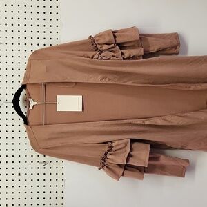 Blushing hearts open front ruffle sleeves light brown NWT